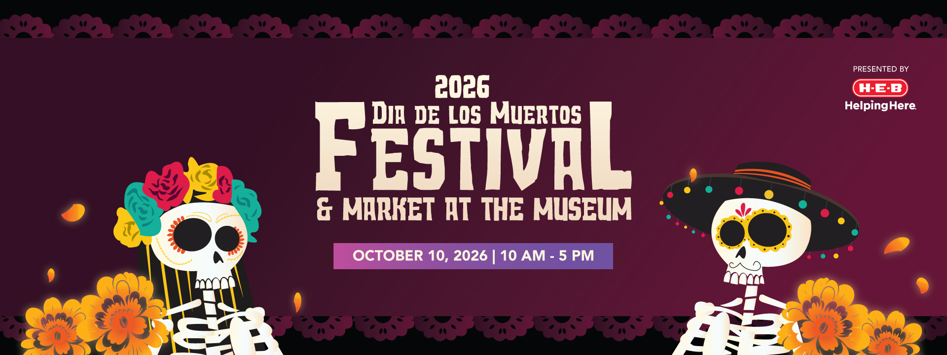 DDLM-2026_Web-Banner Dia de los Muertos banner with two skeleton figures