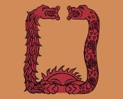 Two red serpents connected by a sun symbol at the bottom